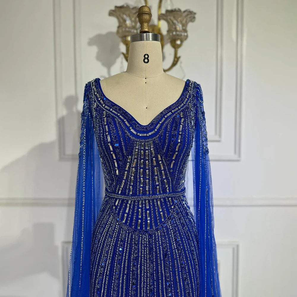 Elegante vestido de noche árabe de lujo con mangas abullonadas y cuentas en azul real de Dubái para mujer, fiesta 2025 LA72502 