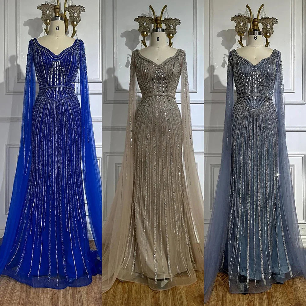 Elegante vestido de noche árabe de lujo con mangas abullonadas y cuentas en azul real de Dubái para mujer, fiesta 2025 LA72502 