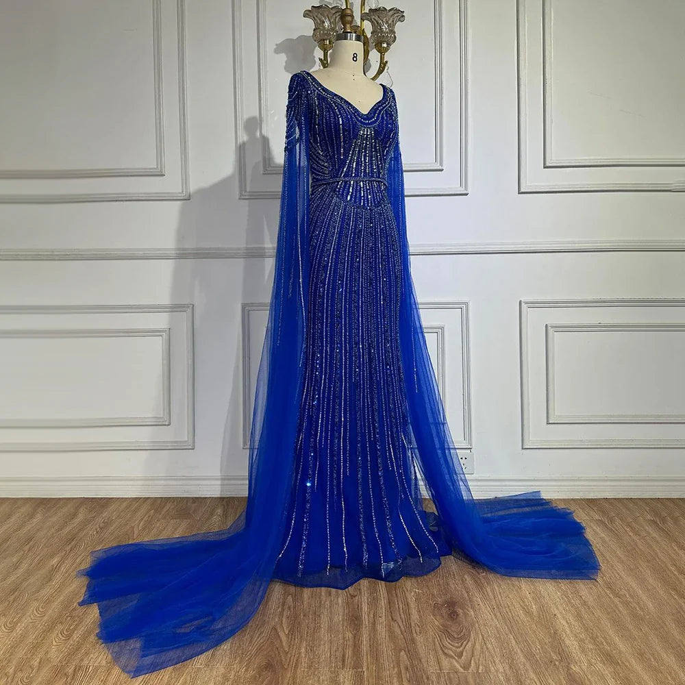 Elegante vestido de noche árabe de lujo con mangas abullonadas y cuentas en azul real de Dubái para mujer, fiesta 2025 LA72502 