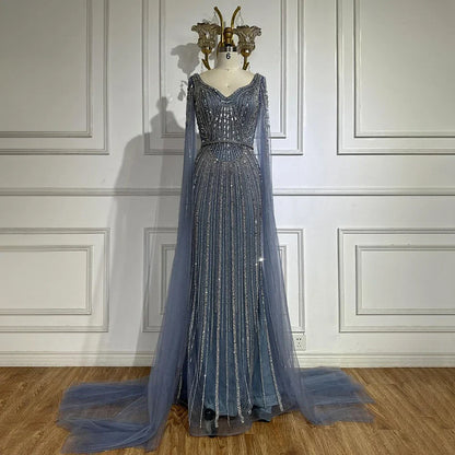 Elegante vestido de noche árabe de lujo con mangas abullonadas y cuentas en azul real de Dubái para mujer, fiesta 2025 LA72502 