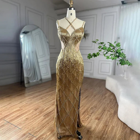 Vestidos de noche de lujo con cuentas, borlas y tirantes finos, estilo sirena, color dorado y plateado, para mujer, 2025, LA72280 