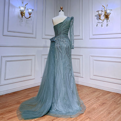 Vestido de noche rosa de corte sirena con un hombro y sobrefalda LA72062