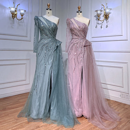 Vestido de noche rosa de corte sirena con un hombro y sobrefalda LA72062