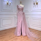 One Shoulder Mermaid Pink Evening Dresses with Overskirt LA72062