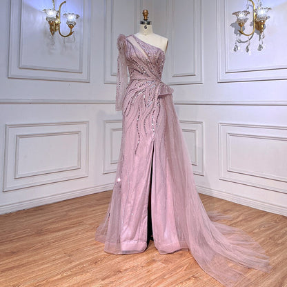 Vestido de noche rosa de corte sirena con un hombro y sobrefalda LA72062