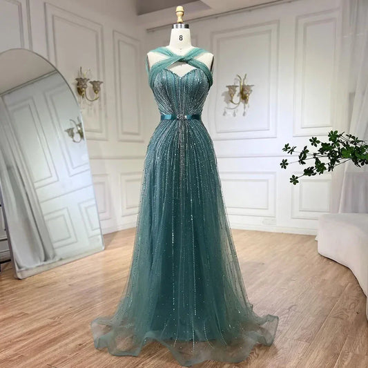 Vestidos de noche de lujo con cuentas y corte sirena con tirantes finos color turquesa de Dubái para mujer, ideal para bodas 2025 LA72322 