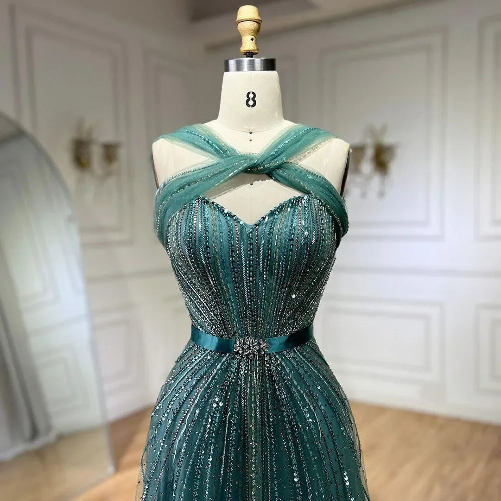 Vestidos de noche de lujo con cuentas y corte sirena con tirantes finos color turquesa de Dubái para mujer, ideal para bodas 2025 LA72322 