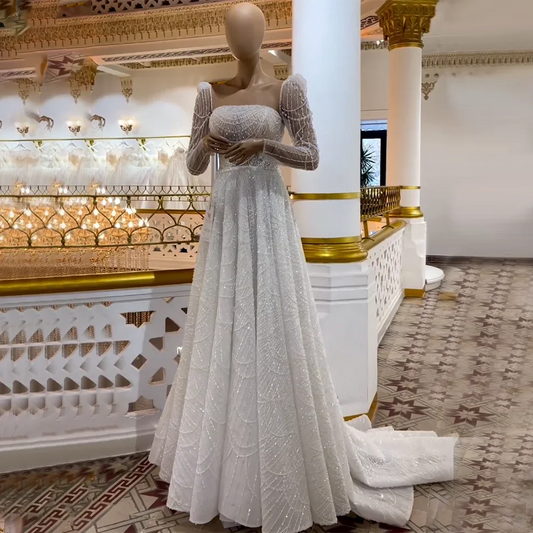 Vestidos de noche de lujo de Dubái, blancos, corte A, con perlas y manga larga, para mujer, para boda, fiesta, 2025, LA72167 