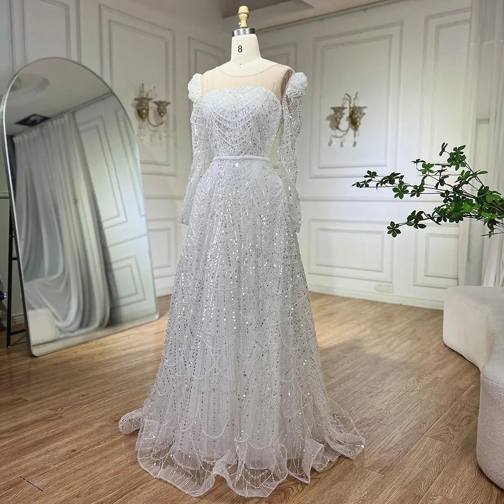 Vestidos de noche de lujo de Dubái, blancos, corte A, con perlas y manga larga, para mujer, para boda, fiesta, 2025, LA72167 