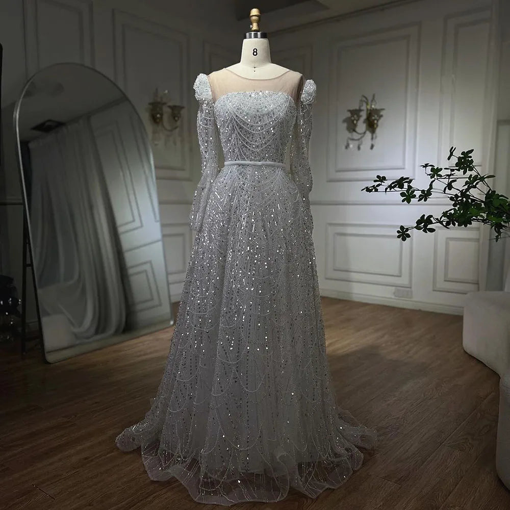 Vestidos de noche de lujo de Dubái, blancos, corte A, con perlas y manga larga, para mujer, para boda, fiesta, 2025, LA72167 