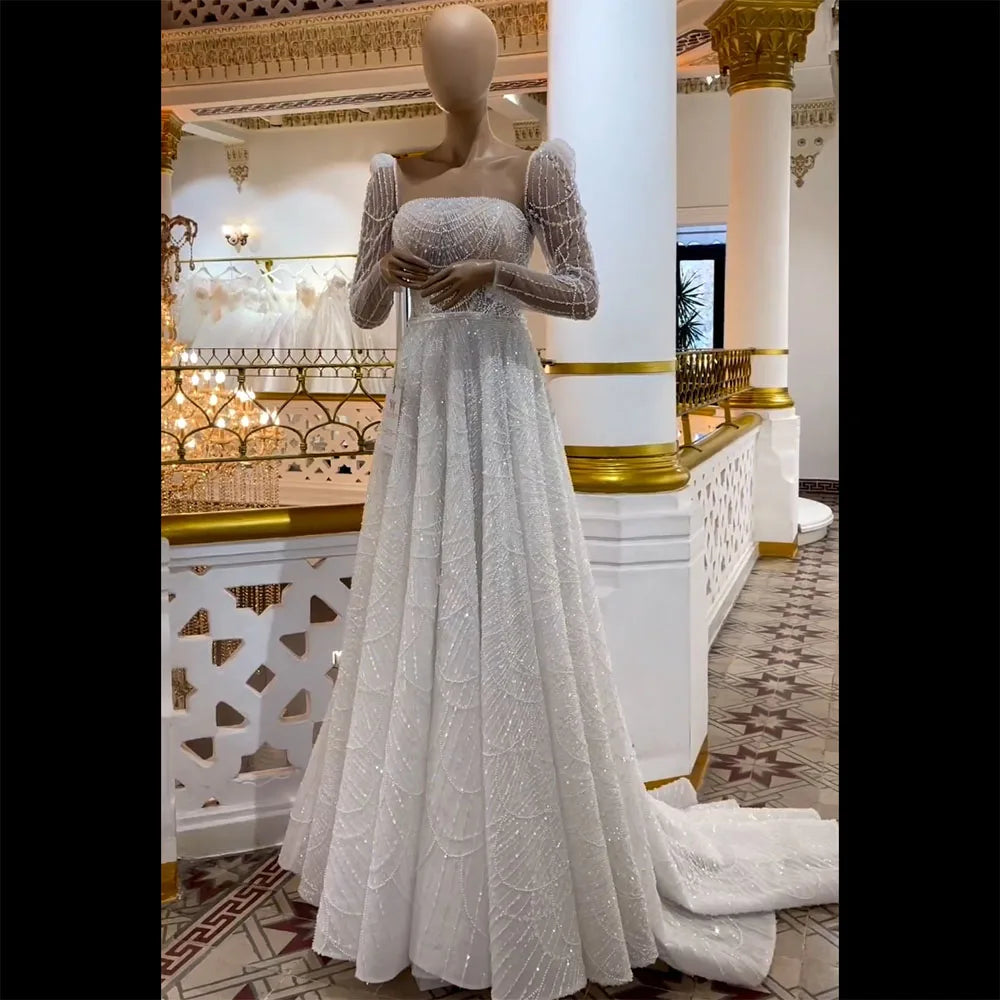 Vestidos de noche de lujo de Dubái, blancos, corte A, con perlas y manga larga, para mujer, para boda, fiesta, 2025, LA72167 