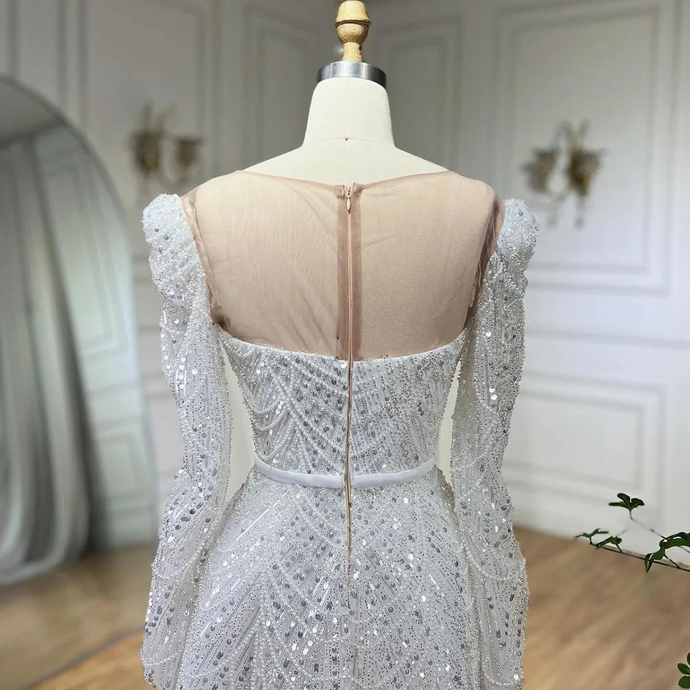 Vestidos de noche de lujo de Dubái, blancos, corte A, con perlas y manga larga, para mujer, para boda, fiesta, 2025, LA72167 