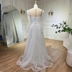 Vestidos de noche de lujo de Dubái, blancos, corte A, con perlas y manga larga, para mujer, para boda, fiesta, 2025, LA72167 