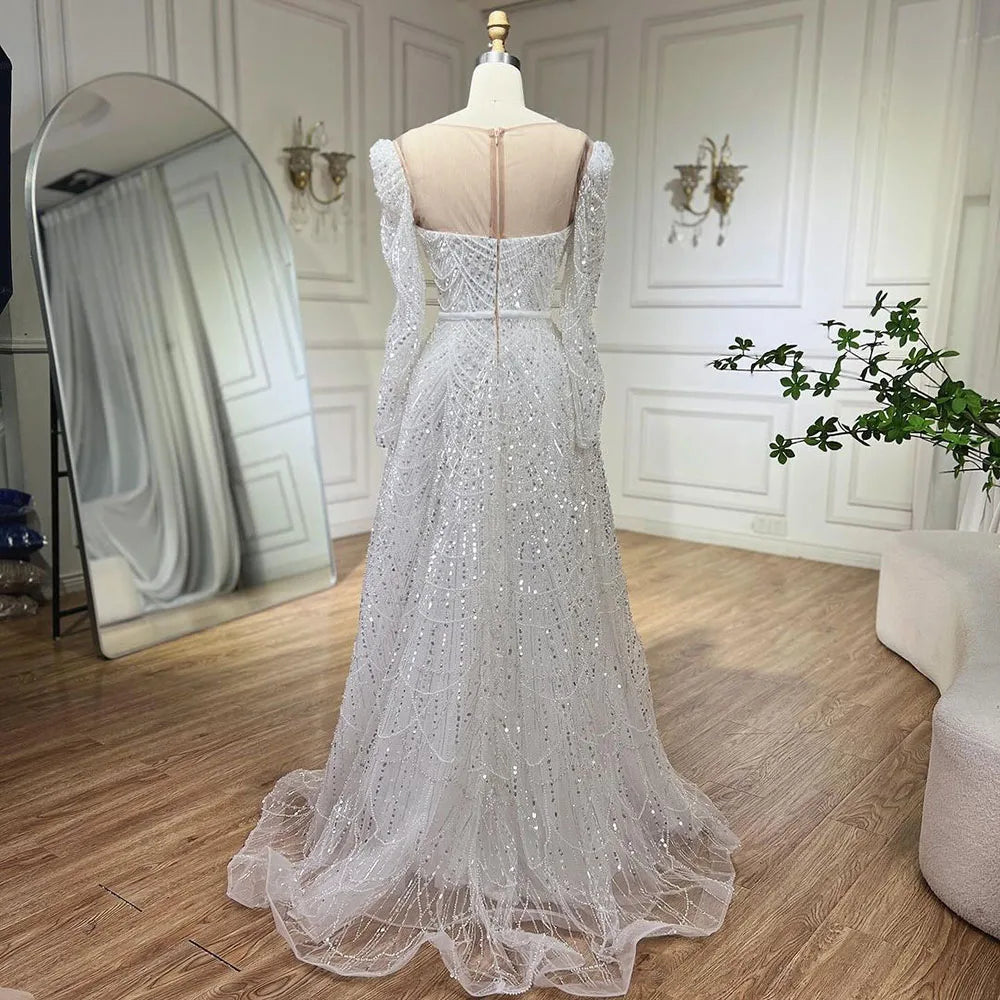 Vestidos de noche de lujo de Dubái, blancos, corte A, con perlas y manga larga, para mujer, para boda, fiesta, 2025, LA72167 