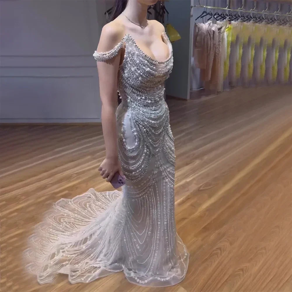 Luxury Crystal Silver Nude Mermaid Dubai Evening Dresses LA72253