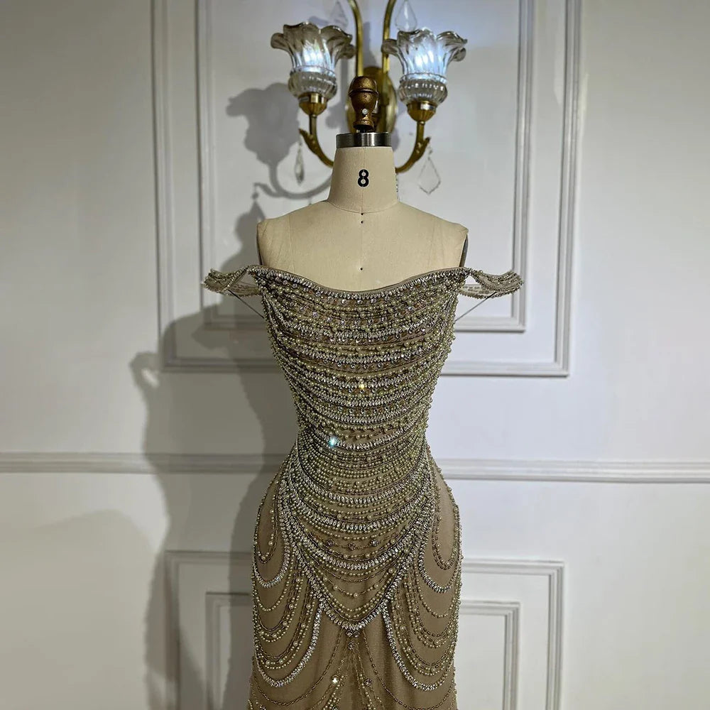 Luxury Crystal Silver Nude Mermaid Dubai Evening Dresses LA72253