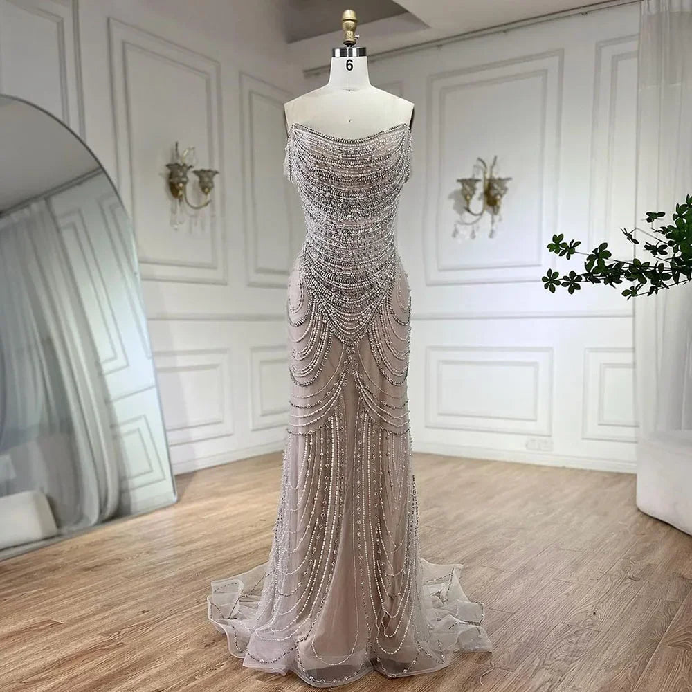 Luxus Kristall Silber Nude Meerjungfrau Dubai Abendkleider LA72253