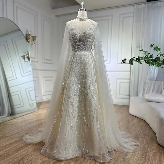 Elegante vestido de noche de lujo con cuentas y mangas abullonadas amarillas de Dubái para mujer, ideal para bodas y fiestas 2025 LA72308 