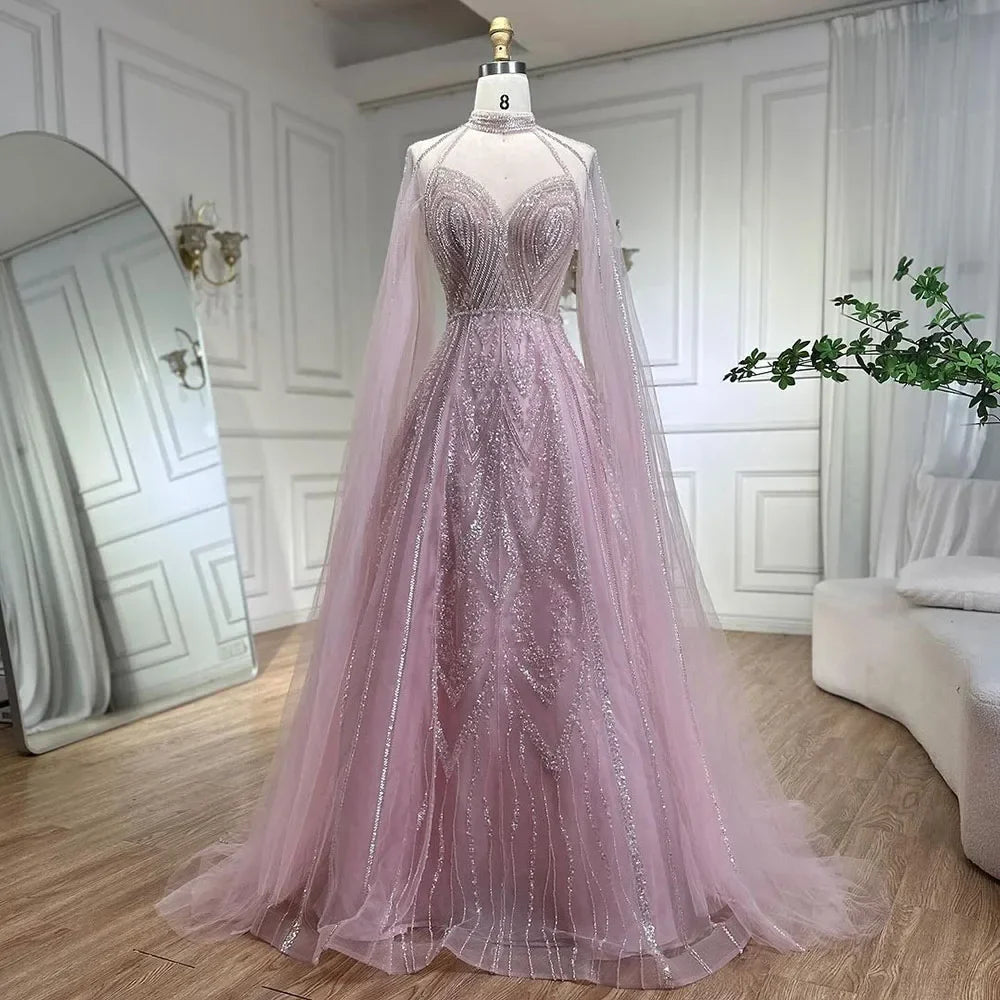 Elegante vestido de noche de lujo con cuentas y mangas abullonadas amarillas de Dubái para mujer, ideal para bodas y fiestas 2025 LA72308 