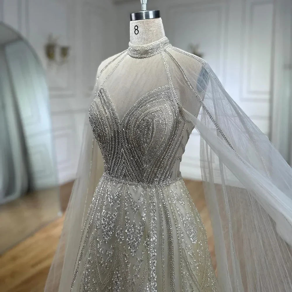 Elegante vestido de noche de lujo con cuentas y mangas abullonadas amarillas de Dubái para mujer, ideal para bodas y fiestas 2025 LA72308 