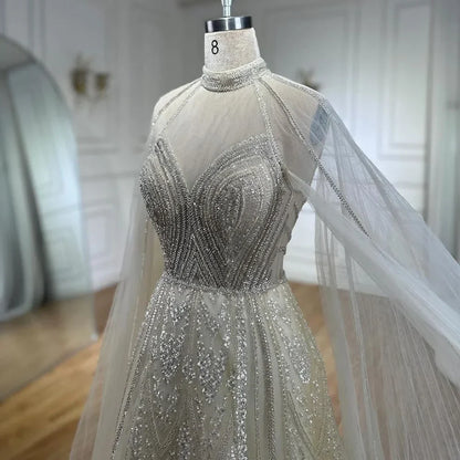Elegante vestido de noche de lujo con cuentas y mangas abullonadas amarillas de Dubái para mujer, ideal para bodas y fiestas 2025 LA72308 