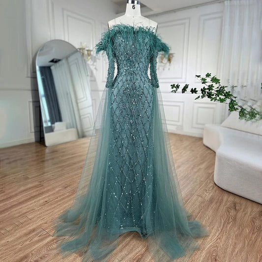 Vestidos de noche elegantes de sirena sin tirantes con plumas turquesas y cuentas de Dubái 2025 para mujer, fiesta de bodas LA72169 