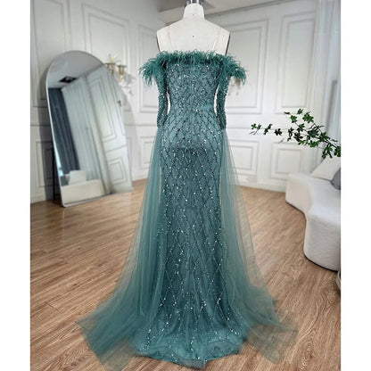 Vestidos de noche elegantes de sirena sin tirantes con plumas turquesas y cuentas de Dubái 2025 para mujer, fiesta de bodas LA72169 