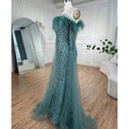 Vestidos de noche elegantes de sirena sin tirantes con plumas turquesas y cuentas de Dubái 2025 para mujer, fiesta de bodas LA72169 