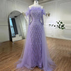 Vestidos de noche elegantes de sirena sin tirantes con plumas turquesas y cuentas de Dubái 2025 para mujer, fiesta de bodas LA72169 
