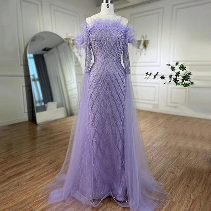 Vestidos de noche elegantes de sirena sin tirantes con plumas turquesas y cuentas de Dubái 2025 para mujer, fiesta de bodas LA72169 