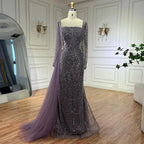Elegante vestido de noche árabe morado de sirena con cuentas y sobrefalda de tul para mujer | Fiesta de bodas 2025 LA72032F 