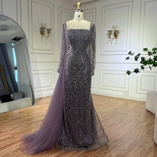 Elegante vestido de noche árabe morado de sirena con cuentas y sobrefalda de tul para mujer | Fiesta de bodas 2025 LA72032F 