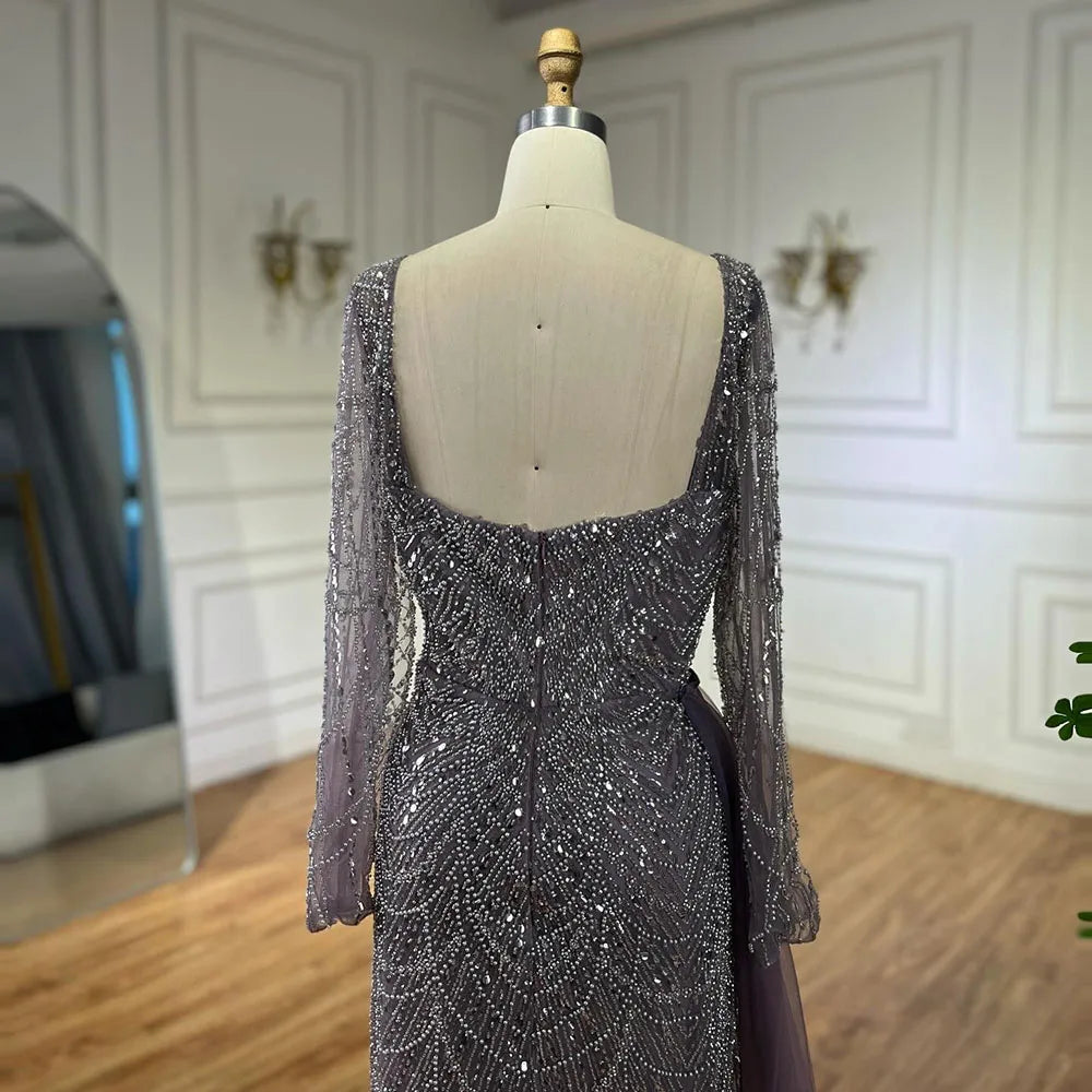 Elegante vestido de noche árabe morado de sirena con cuentas y sobrefalda de tul para mujer | Fiesta de bodas 2025 LA72032F 