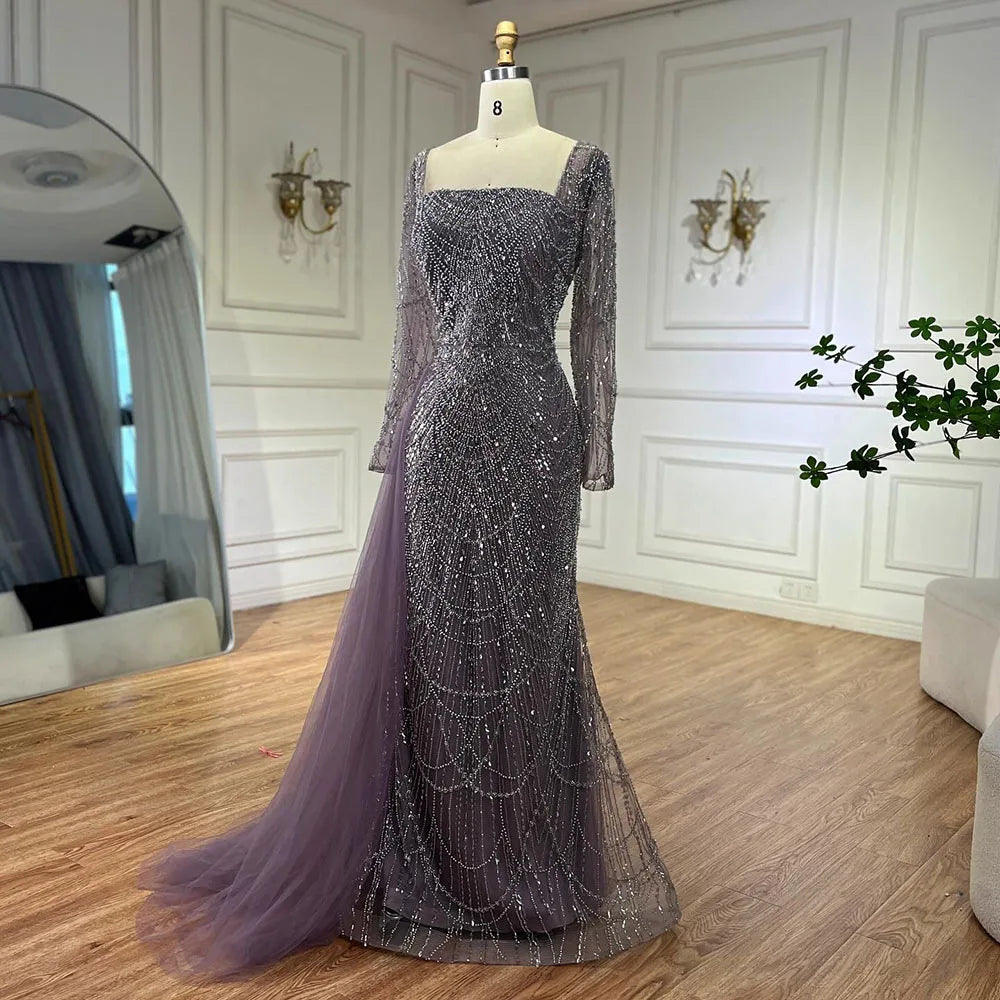 Elegante vestido de noche árabe morado de sirena con cuentas y sobrefalda de tul para mujer | Fiesta de bodas 2025 LA72032F 