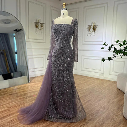 Elegante vestido de noche árabe morado de sirena con cuentas y sobrefalda de tul para mujer | Fiesta de bodas 2025 LA72032F 