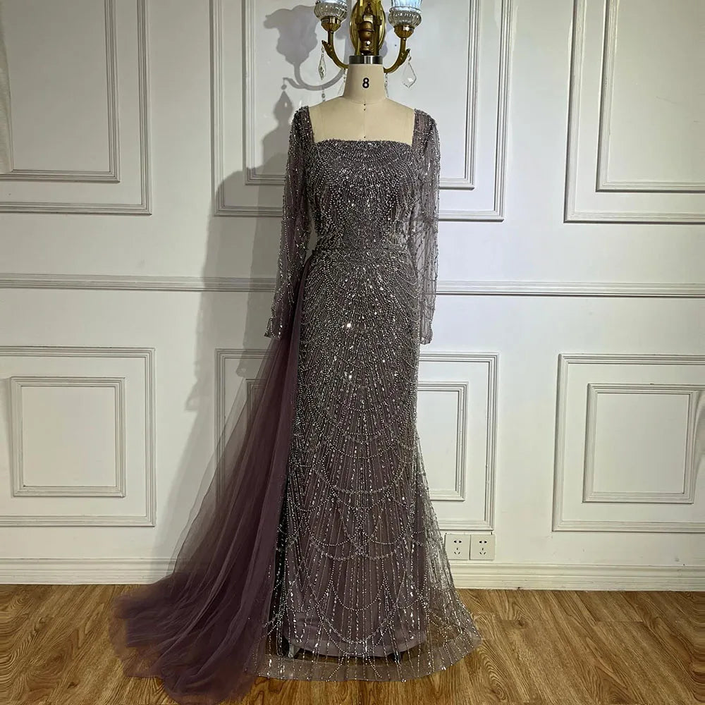 Elegante vestido de noche árabe morado de sirena con cuentas y sobrefalda de tul para mujer | Fiesta de bodas 2025 LA72032F 