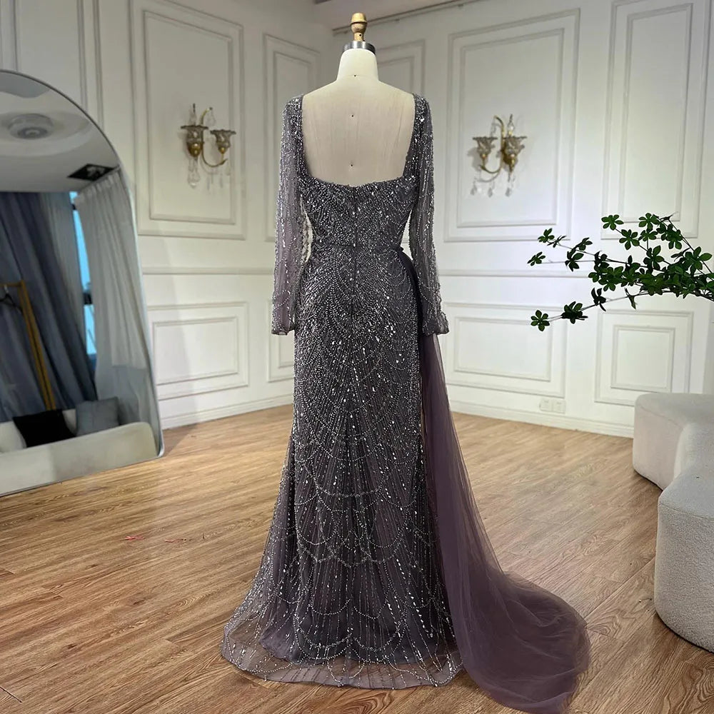 Elegante vestido de noche árabe morado de sirena con cuentas y sobrefalda de tul para mujer | Fiesta de bodas 2025 LA72032F 