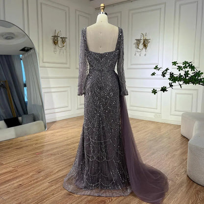 Elegante vestido de noche árabe morado de sirena con cuentas y sobrefalda de tul para mujer | Fiesta de bodas 2025 LA72032F 