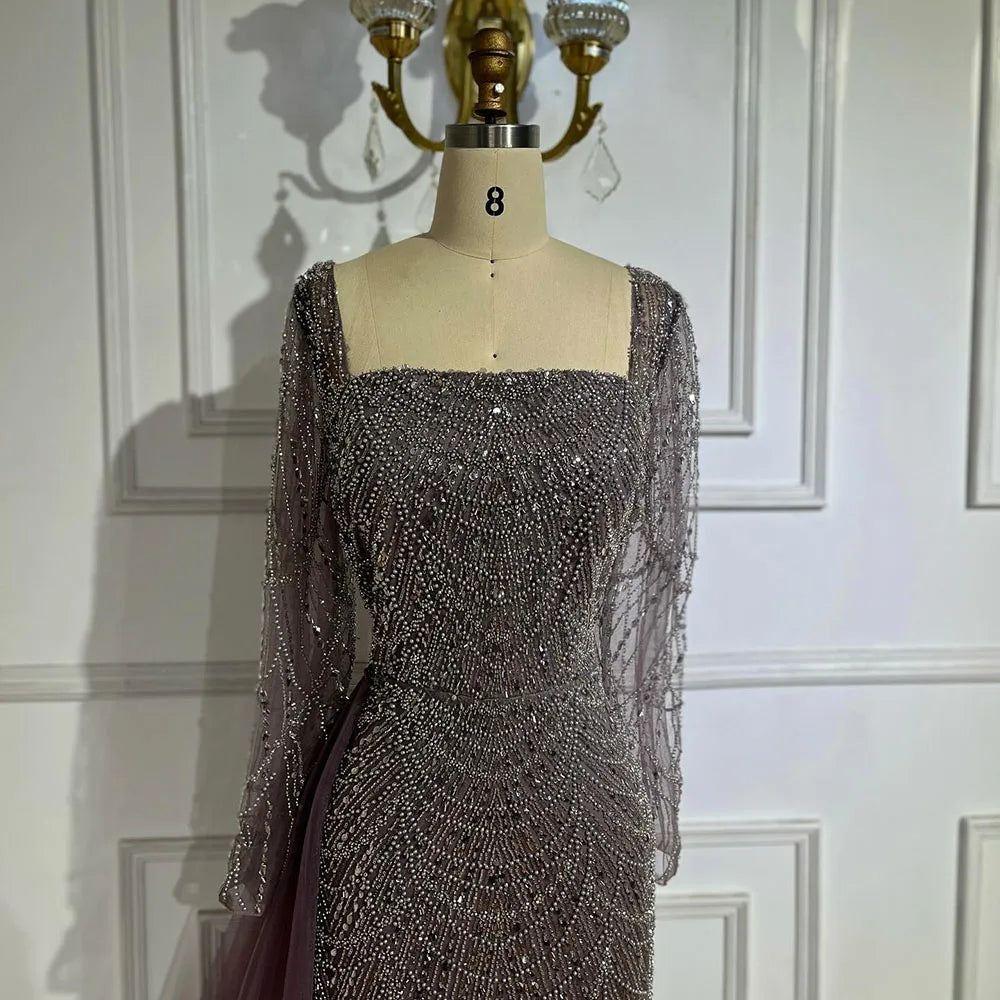 Elegante vestido de noche árabe morado de sirena con cuentas y sobrefalda de tul para mujer | Fiesta de bodas 2025 LA72032F 