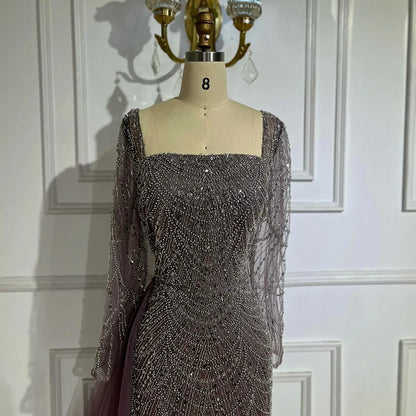 Elegante vestido de noche árabe morado de sirena con cuentas y sobrefalda de tul para mujer | Fiesta de bodas 2025 LA72032F 
