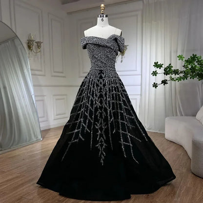 Elegante vestido de noche negro con cuentas, corte A, 2025 - Vestido de lujo con hombros descubiertos para mujer - Vestido largo de fiesta LA72224 