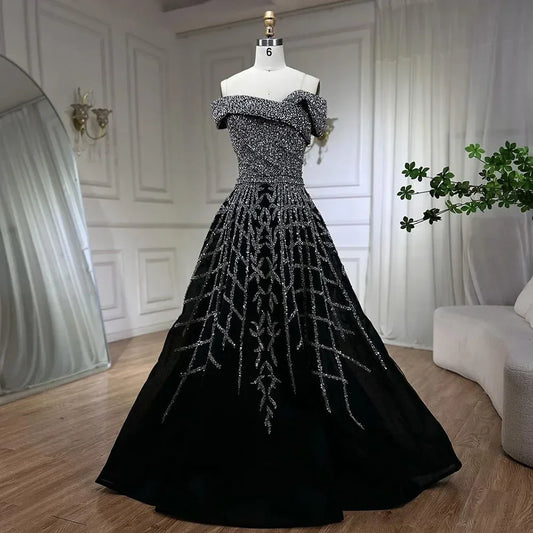 Elegante vestido de noche negro con cuentas, corte A, 2025 - Vestido de lujo con hombros descubiertos para mujer - Vestido largo de fiesta LA72224 
