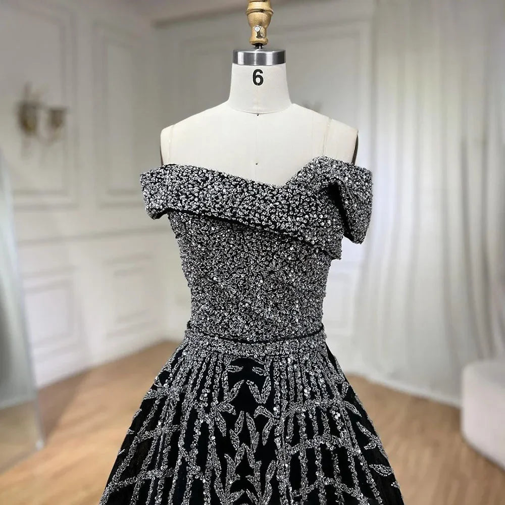 Elegante vestido de noche negro con cuentas, corte A, 2025 - Vestido de lujo con hombros descubiertos para mujer - Vestido largo de fiesta LA72224 