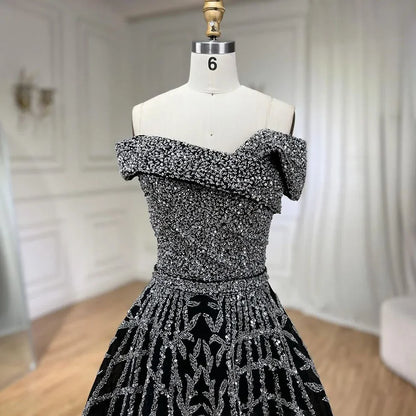 Elegante vestido de noche negro con cuentas, corte A, 2025 - Vestido de lujo con hombros descubiertos para mujer - Vestido largo de fiesta LA72224 