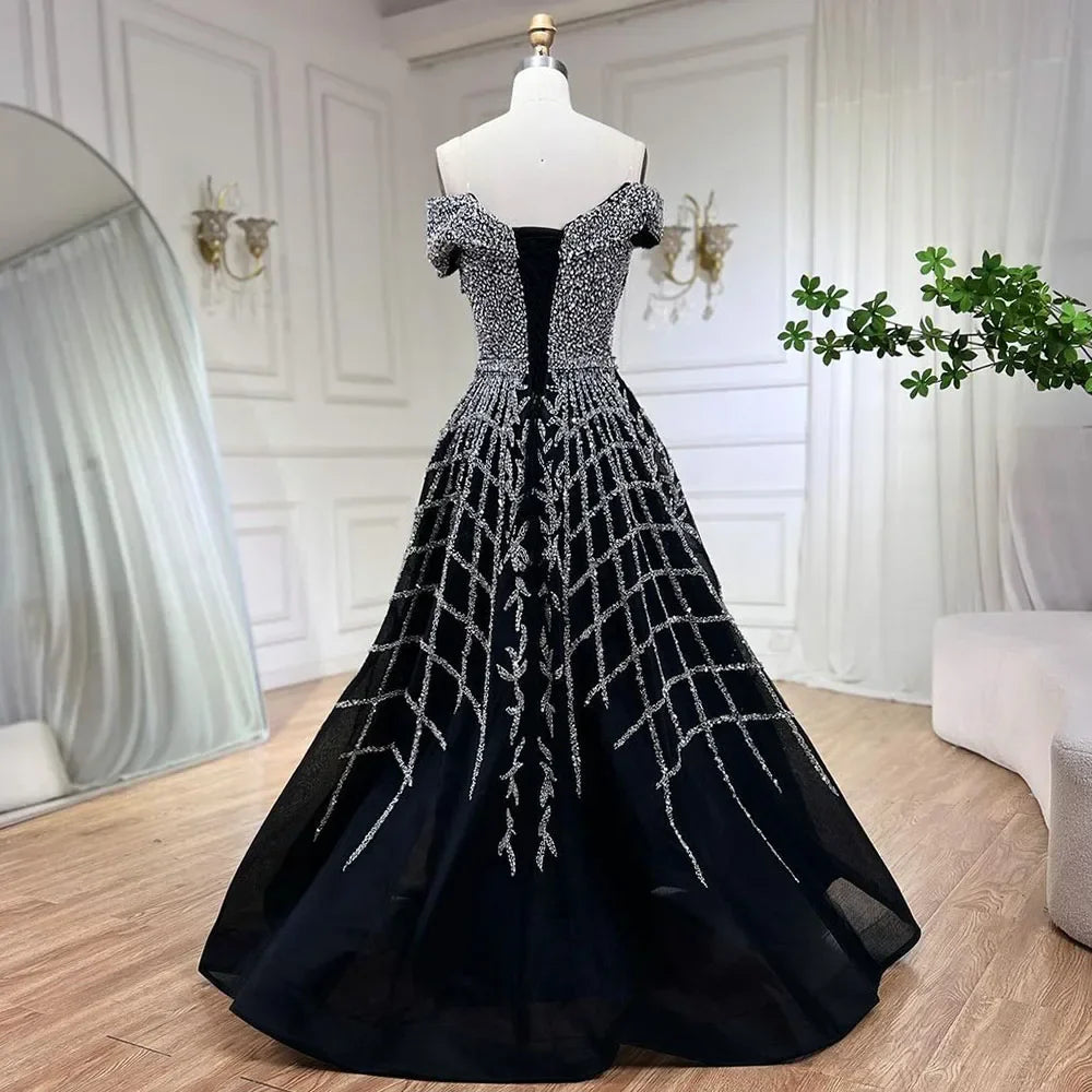 Elegante vestido de noche negro con cuentas, corte A, 2025 - Vestido de lujo con hombros descubiertos para mujer - Vestido largo de fiesta LA72224 