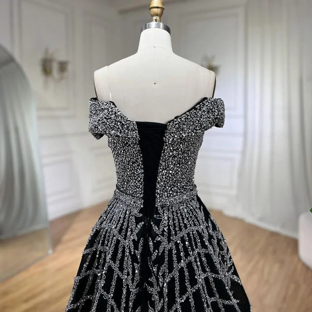 Elegante vestido de noche negro con cuentas, corte A, 2025 - Vestido de lujo con hombros descubiertos para mujer - Vestido largo de fiesta LA72224 