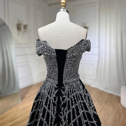Elegante vestido de noche negro con cuentas, corte A, 2025 - Vestido de lujo con hombros descubiertos para mujer - Vestido largo de fiesta LA72224 
