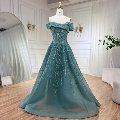 Elegante vestido de noche negro con cuentas, corte A, 2025 - Vestido de lujo con hombros descubiertos para mujer - Vestido largo de fiesta LA72224 