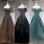 Elegante vestido de noche negro con cuentas, corte A, 2025 - Vestido de lujo con hombros descubiertos para mujer - Vestido largo de fiesta LA72224 