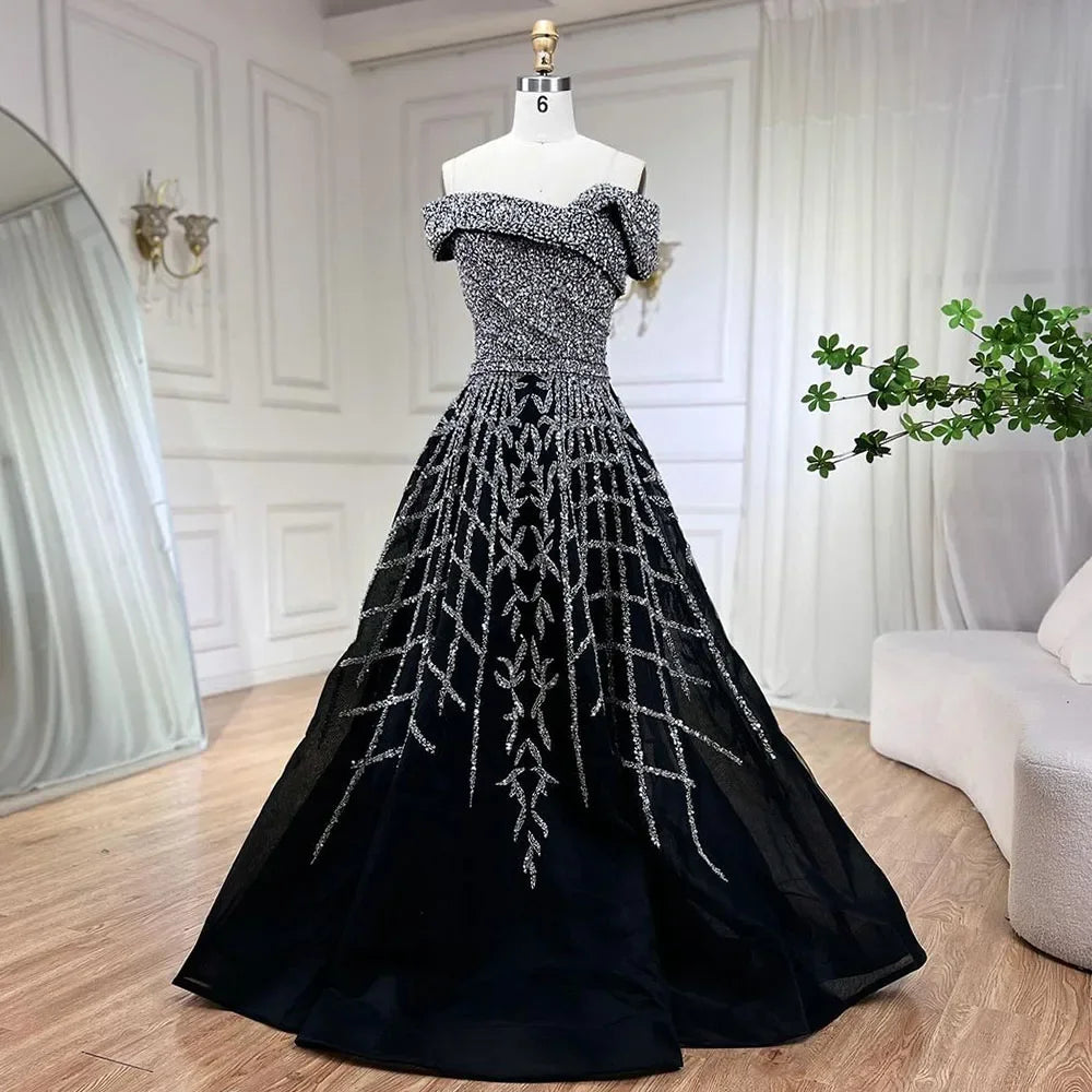 Elegante vestido de noche negro con cuentas, corte A, 2025 - Vestido de lujo con hombros descubiertos para mujer - Vestido largo de fiesta LA72224 